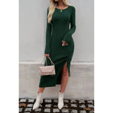 Solid Round Neck Elastic Bodycon Split Ruched Dress - MVTFASHION.COM