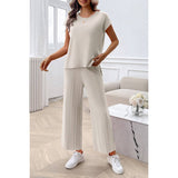 Solid Round Neck Fit Pleated Elastic Waist Set - MVTFASHION.COM