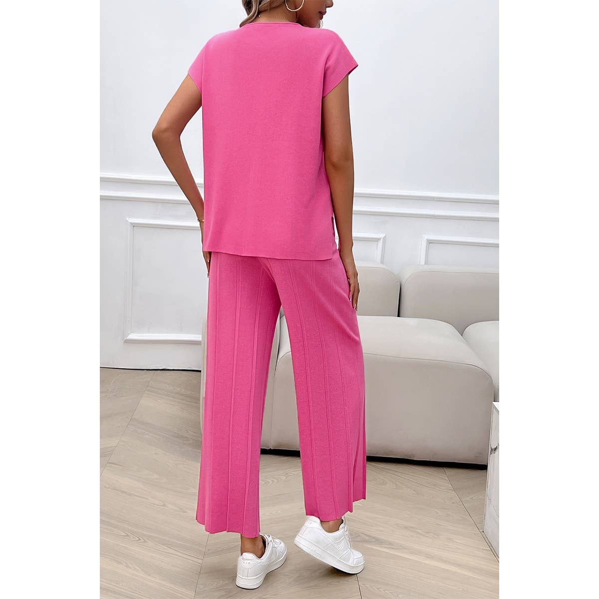 Solid Round Neck Fit Pleated Elastic Waist Set - MVTFASHION.COM