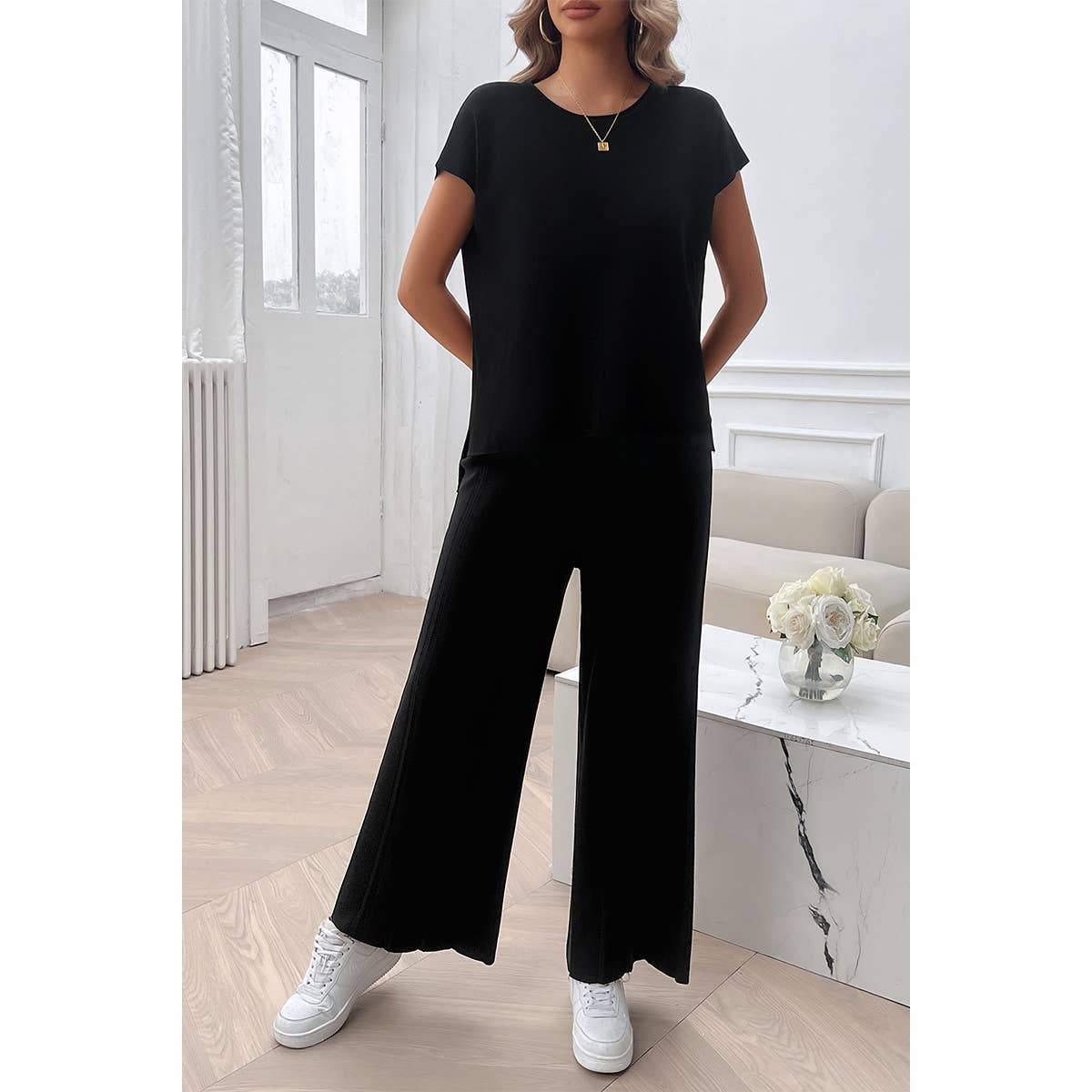 Solid Round Neck Fit Pleated Elastic Waist Set - MVTFASHION.COM