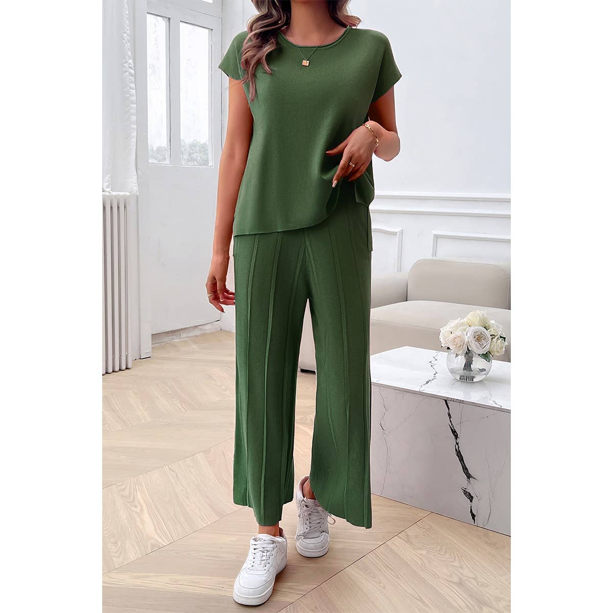 Solid Round Neck Fit Pleated Elastic Waist Set - MVTFASHION.COM