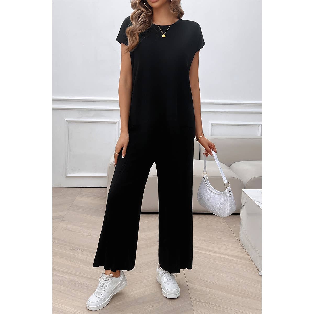 Solid Round Neck Fit Pleated Elastic Waist Set - MVTFASHION.COM