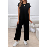 Solid Round Neck Fit Pleated Elastic Waist Set - MVTFASHION.COM