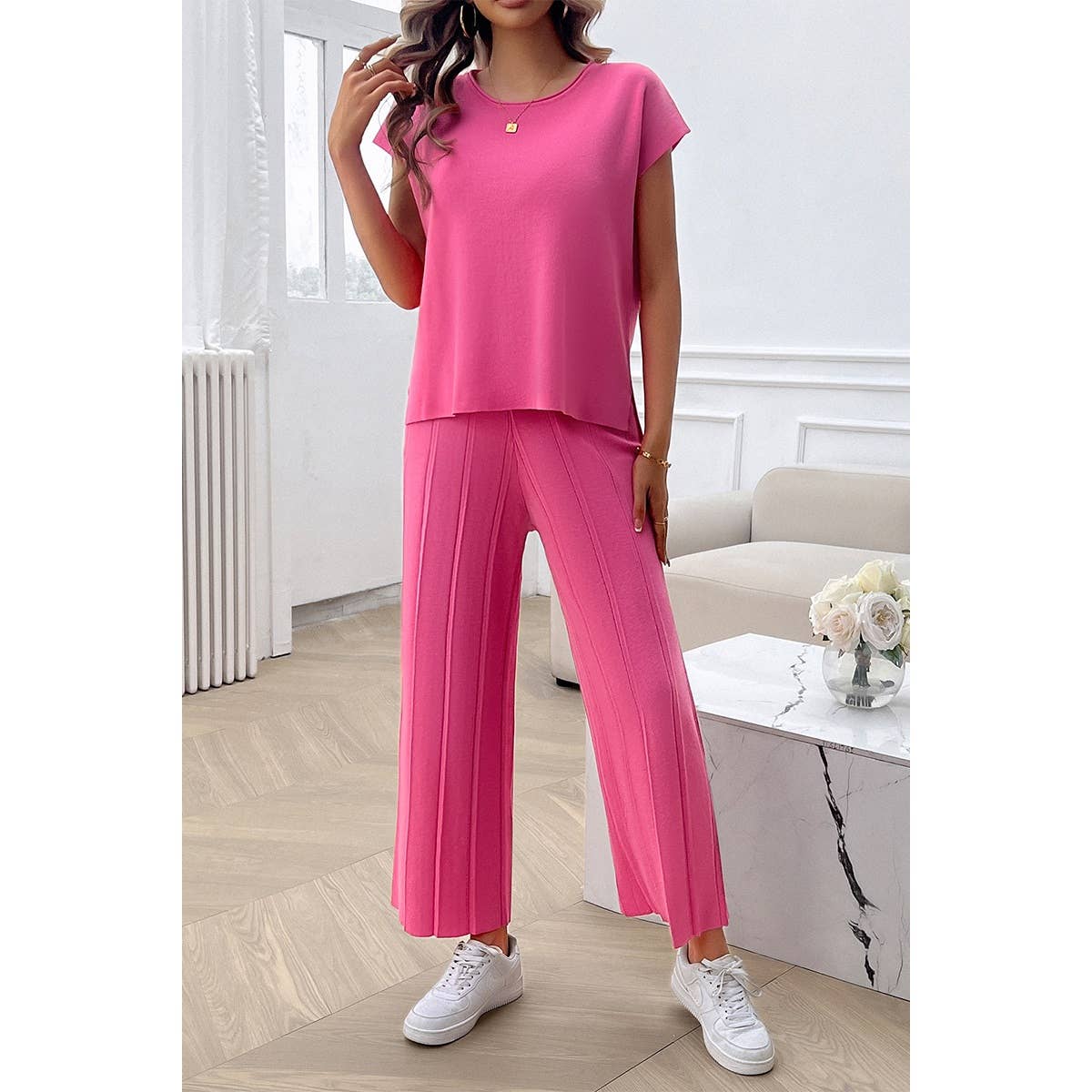 Solid Round Neck Fit Pleated Elastic Waist Set - MVTFASHION.COM