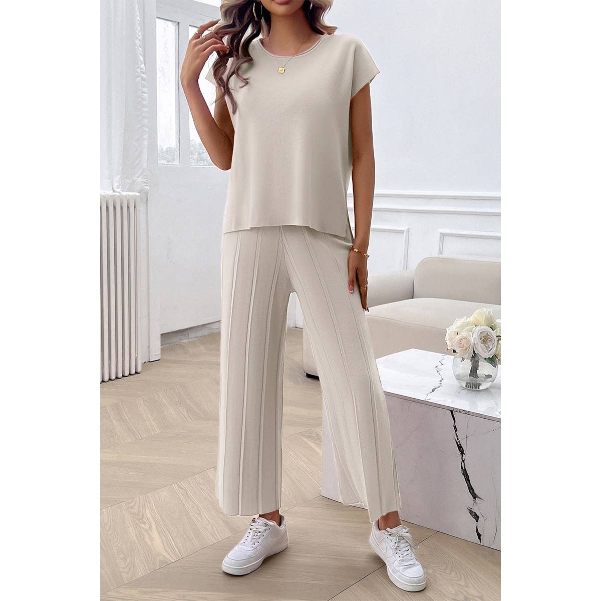 Solid Round Neck Fit Pleated Elastic Waist Set - MVTFASHION.COM