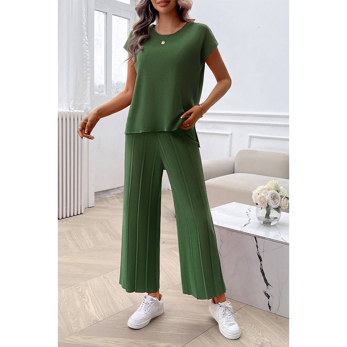 Solid Round Neck Fit Pleated Elastic Waist Set - MVTFASHION.COM