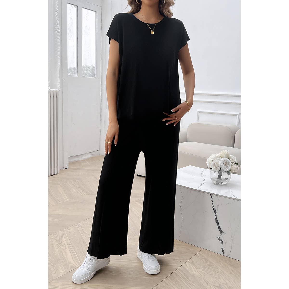 Solid Round Neck Fit Pleated Elastic Waist Set - MVTFASHION.COM