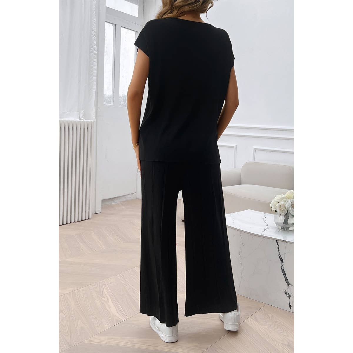 Solid Round Neck Fit Pleated Elastic Waist Set - MVTFASHION.COM