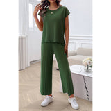 Solid Round Neck Fit Pleated Elastic Waist Set - MVTFASHION.COM