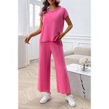 Solid Round Neck Fit Pleated Elastic Waist Set - MVTFASHION.COM