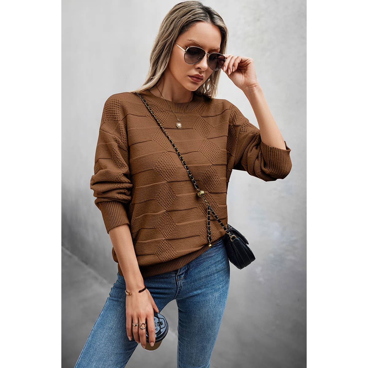 Solid Round Neck Knit Loose Long Sleeves Sweater - MVTFASHION.COM