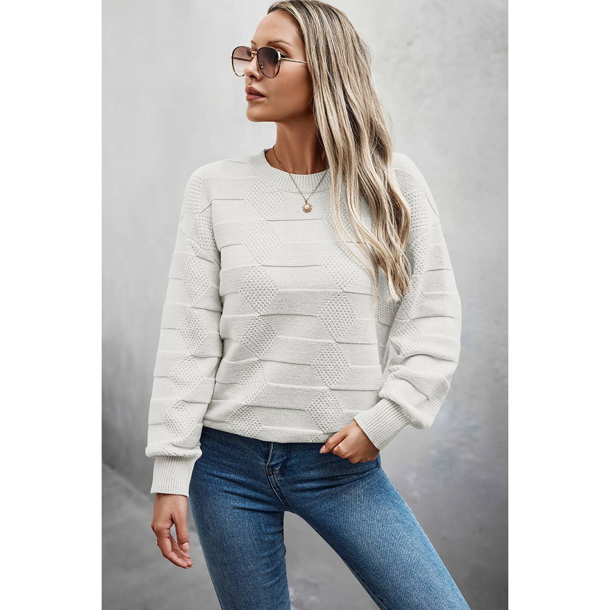 Solid Round Neck Knit Loose Long Sleeves Sweater - MVTFASHION.COM