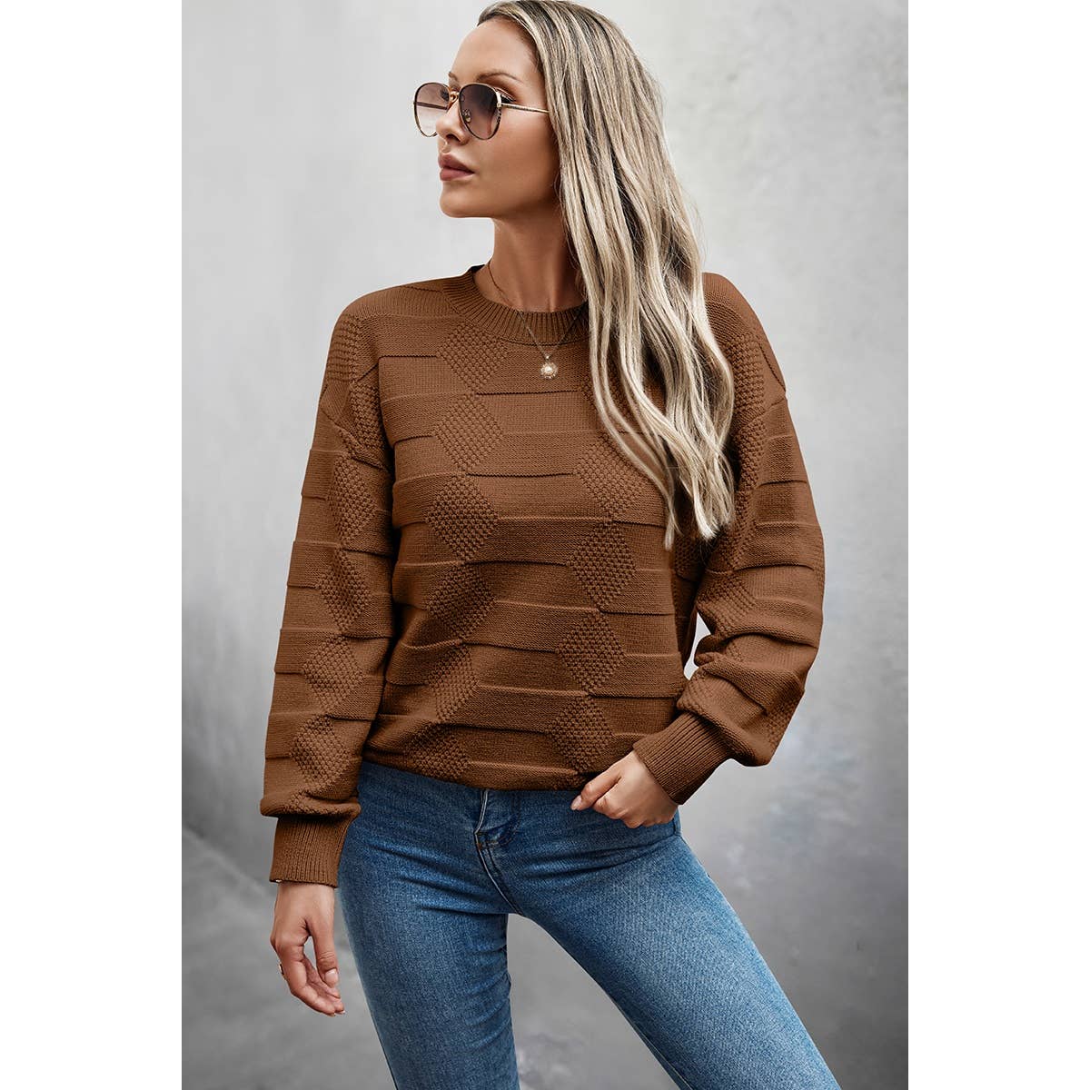 Solid Round Neck Knit Loose Long Sleeves Sweater - MVTFASHION.COM