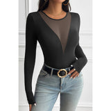 Solid Round Neck Slim Fit Color Block Mesh Top - MVTFASHION.COM