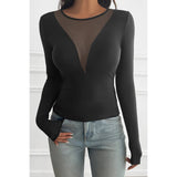 Solid Round Neck Slim Fit Color Block Mesh Top - MVTFASHION.COM