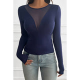 Solid Round Neck Slim Fit Color Block Mesh Top - MVTFASHION.COM