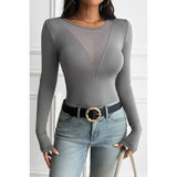 Solid Round Neck Slim Fit Color Block Mesh Top - MVTFASHION.COM