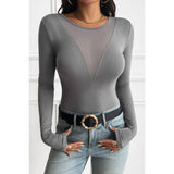 Solid Round Neck Slim Fit Color Block Mesh Top - MVTFASHION.COM