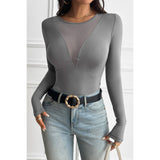 Solid Round Neck Slim Fit Color Block Mesh Top - MVTFASHION.COM