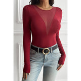 Solid Round Neck Slim Fit Color Block Mesh Top - MVTFASHION.COM