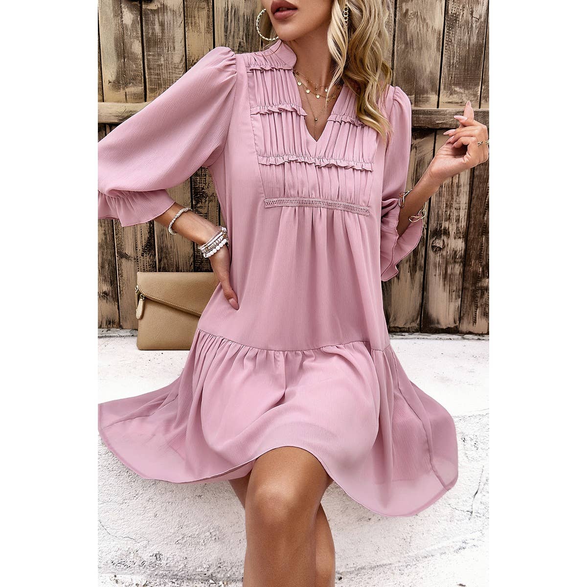 Solid Ruched Pleated Ruffle Loose Fit Dress - MVTFASHION.COM