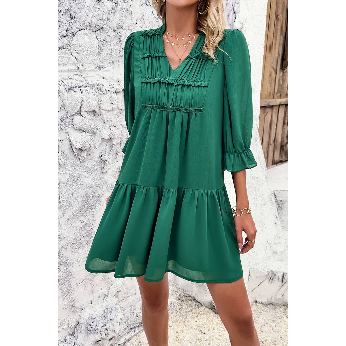 Solid Ruched Pleated Ruffle Loose Fit Dress - MVTFASHION.COM