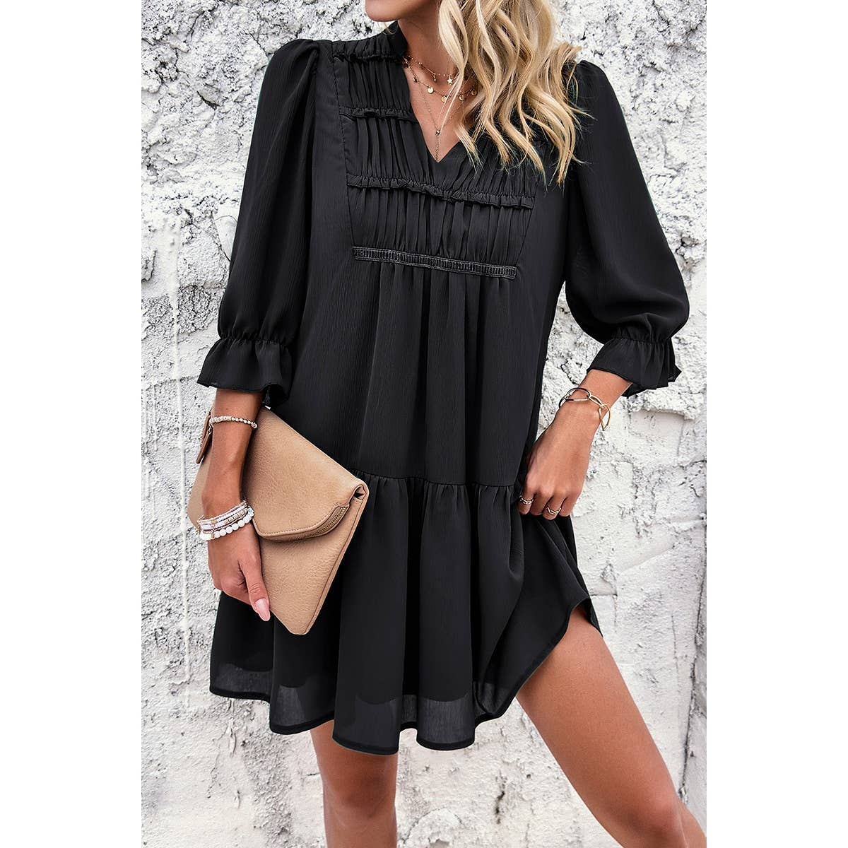 Solid Ruched Pleated Ruffle Loose Fit Dress - MVTFASHION.COM