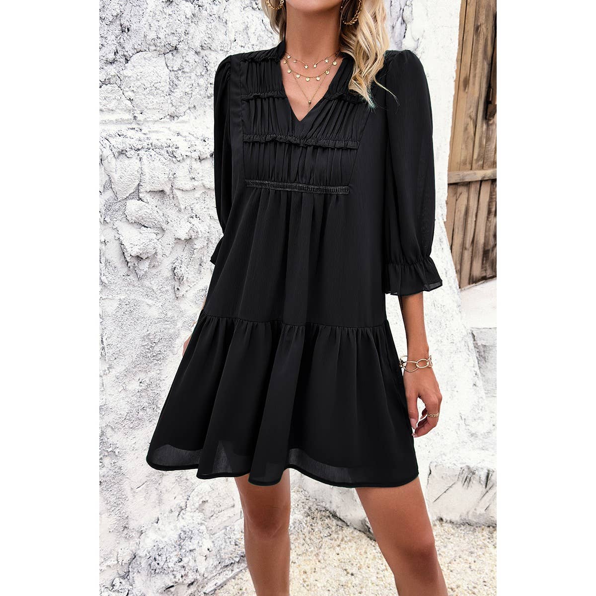 Solid Ruched Pleated Ruffle Loose Fit Dress - MVTFASHION.COM