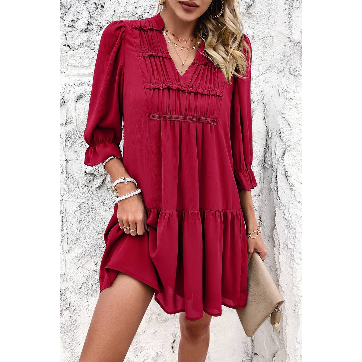 Solid Ruched Pleated Ruffle Loose Fit Dress - MVTFASHION.COM