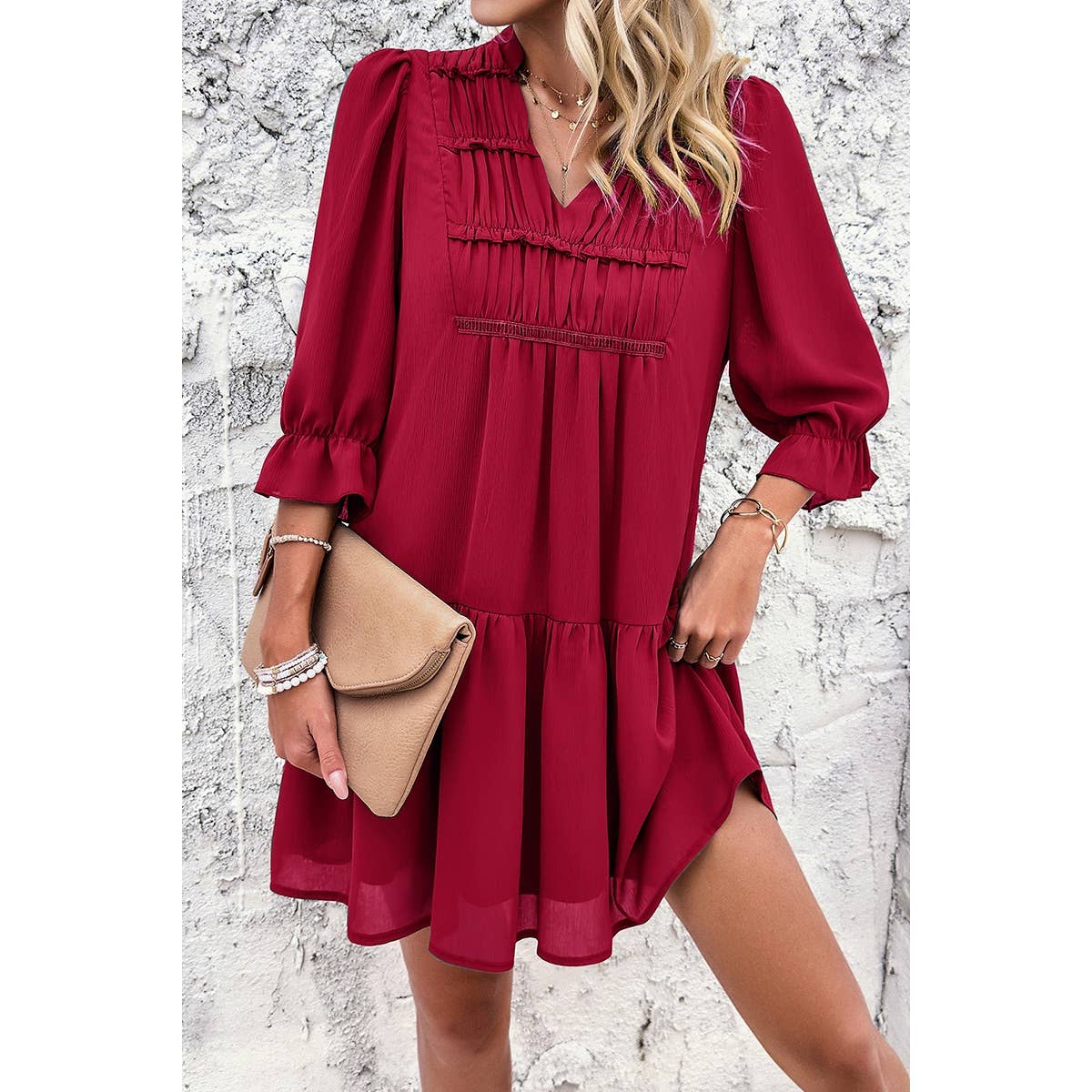 Solid Ruched Pleated Ruffle Loose Fit Dress - MVTFASHION.COM