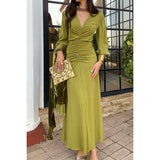 Solid Ruched V Neck Tight Waist Fit Dress - MVTFASHION.COM