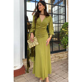 Solid Ruched V Neck Tight Waist Fit Dress - MVTFASHION.COM