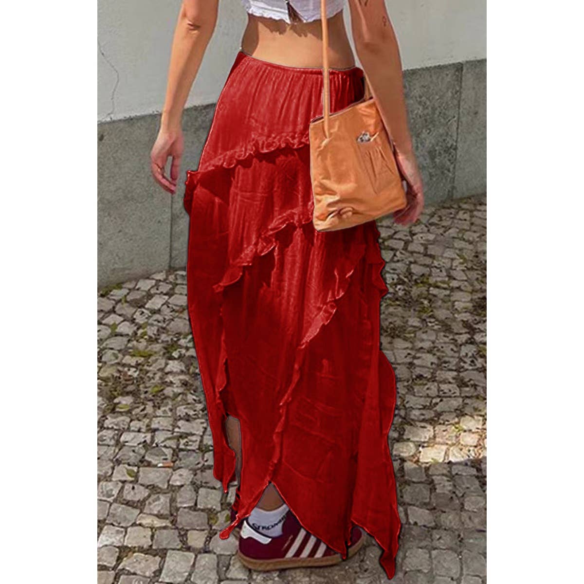 Solid Ruffle Drawstring Waist Asymmetry Hem Skirt - MVTFASHION.COM