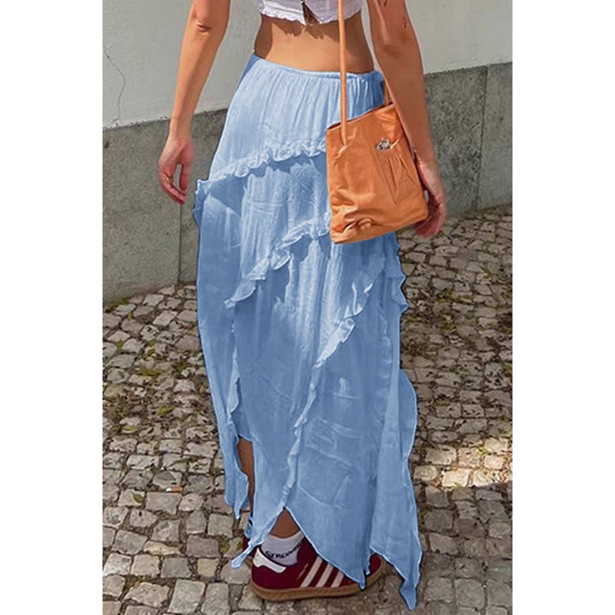 Solid Ruffle Drawstring Waist Asymmetry Hem Skirt - MVTFASHION.COM