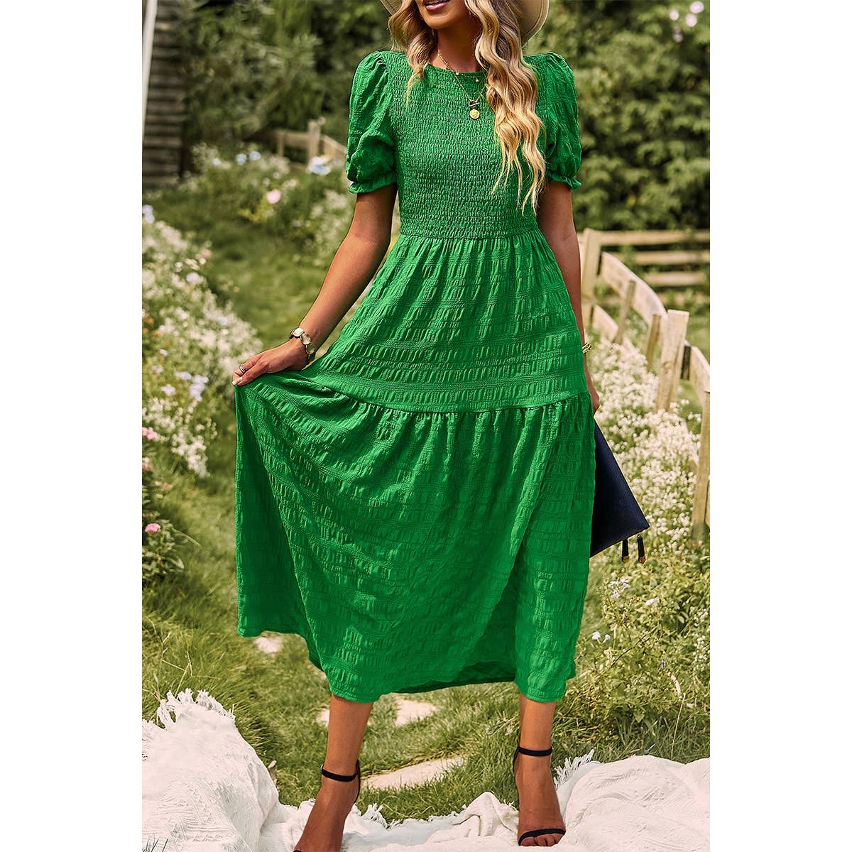 Solid Ruffle Puff Sleeve Flounce Hem Dress - MVTFASHION.COM