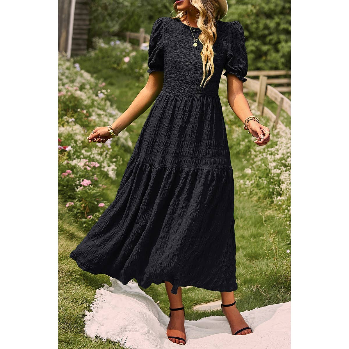 Solid Ruffle Puff Sleeve Flounce Hem Dress - MVTFASHION.COM