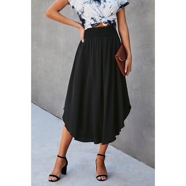 Solid Shirred Elastic Waist A Line Flared Skirt - MVTFASHION.COM