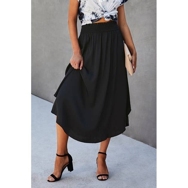 Solid Shirred Elastic Waist A Line Flared Skirt - MVTFASHION.COM