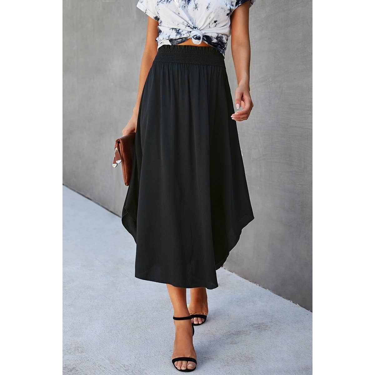 Solid Shirred Elastic Waist A Line Flared Skirt - MVTFASHION.COM