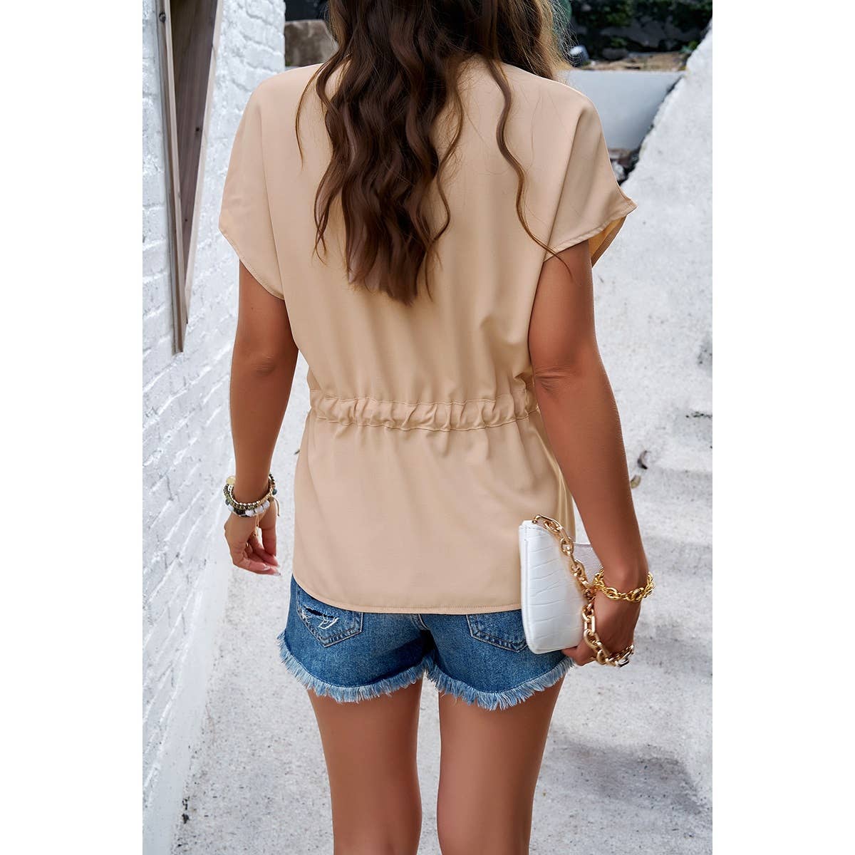 Solid Short Sleeves Button V Neck Belt Fit Top - MVTFASHION.COM