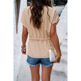 Solid Short Sleeves Button V Neck Belt Fit Top - MVTFASHION.COM