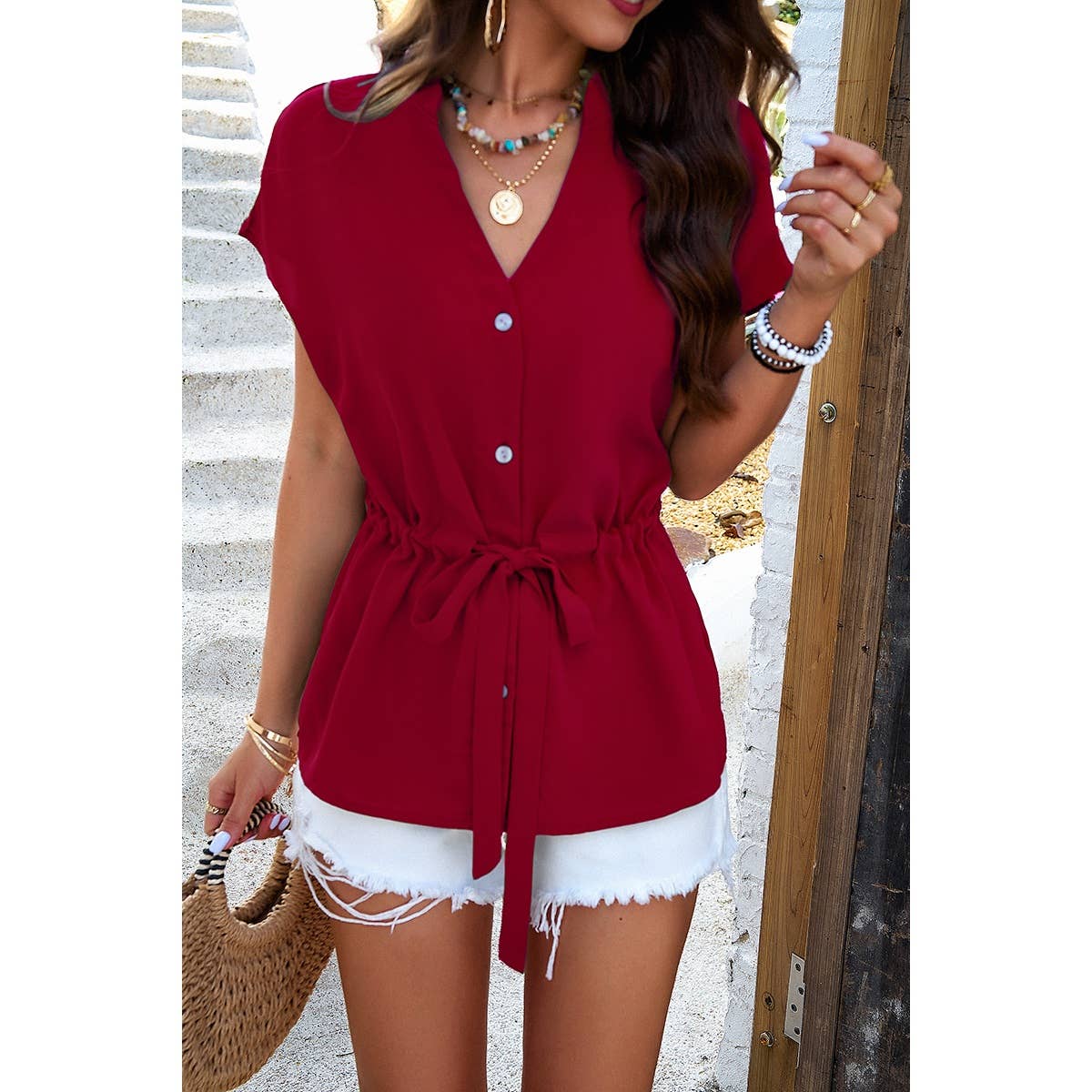 Solid Short Sleeves Button V Neck Belt Fit Top - MVTFASHION.COM