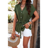 Solid Short Sleeves Button V Neck Belt Fit Top - MVTFASHION.COM