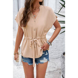 Solid Short Sleeves Button V Neck Belt Fit Top - MVTFASHION.COM