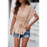 Solid Short Sleeves Button V Neck Belt Fit Top - MVTFASHION.COM