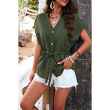 Solid Short Sleeves Button V Neck Belt Fit Top - MVTFASHION.COM