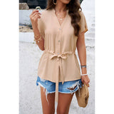 Solid Short Sleeves Button V Neck Belt Fit Top - MVTFASHION.COM