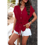 Solid Short Sleeves Button V Neck Belt Fit Top - MVTFASHION.COM