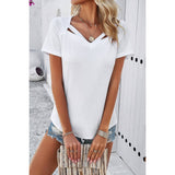 Solid Short Sleeves Loose Fit Cut Out Shirt - MVTFASHION.COM