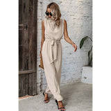 Solid Sleeveless Cut Out Back Belted Jumpsuit - MVTFASHION.COM
